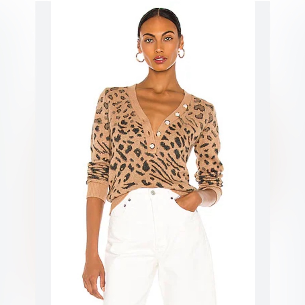 Heartloom Leona Tan Leopard Print Pullover Half Button Sweater Women’s Medium
